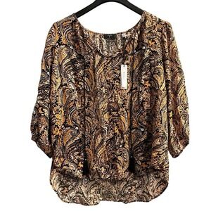 Tahari Top Black Paisley Print Tassel Tie Neck Tunic Size 1X Balloon Sleeve